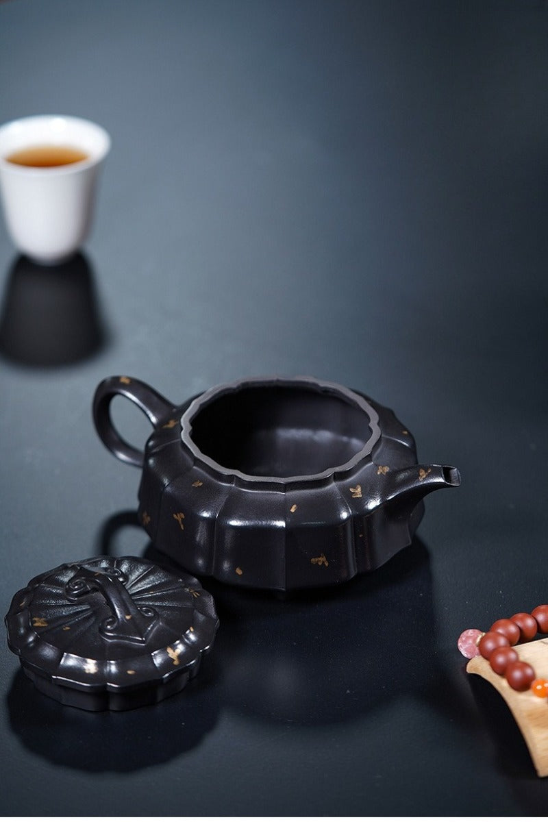 Vollständig handgefertigte Yixing-Zisha-Teekanne [Jinwen Zhou Pan] (Reduzierend gebrannter Zhu Ni - 240 ml)