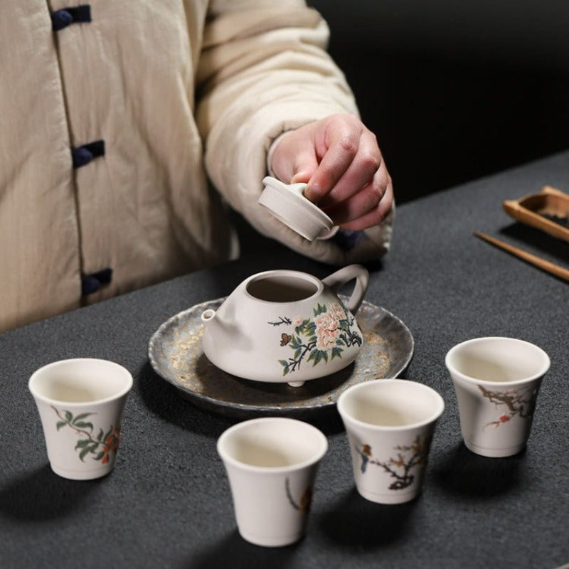 Full Handmade Yixing Zisha Teapot [Flowers Collection] 1 Pot 4 Cups Set (Bei Duan Ni - 245ml)