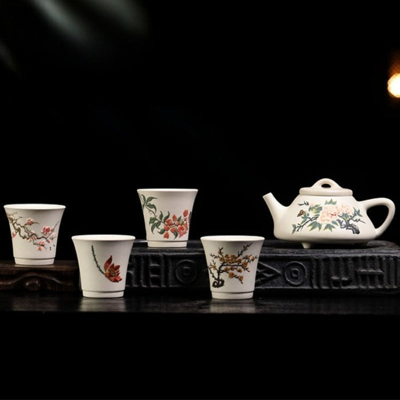 Full Handmade Yixing Zisha Teapot [Flowers Collection] 1 Pot 4 Cups Set (Bei Duan Ni - 245ml)