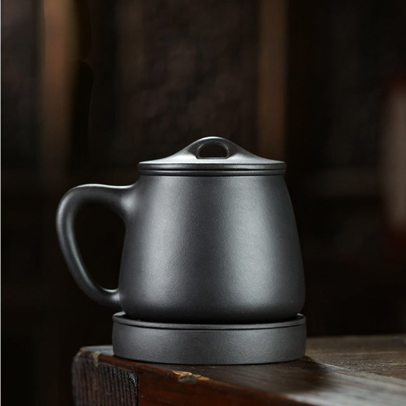 宜兴紫砂 原矿黑泥 手工刻绘 [腾龙石瓢] (带茶滤/茶水分离) 盖杯 560ml