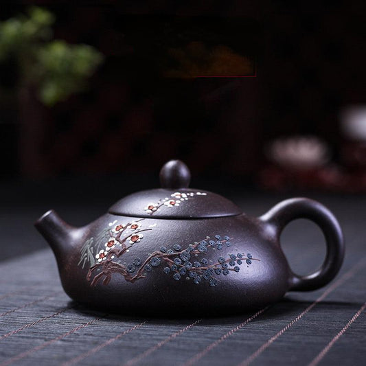 宜兴紫砂茶壶 [岁寒三友] (黑金砂 - 160ml)