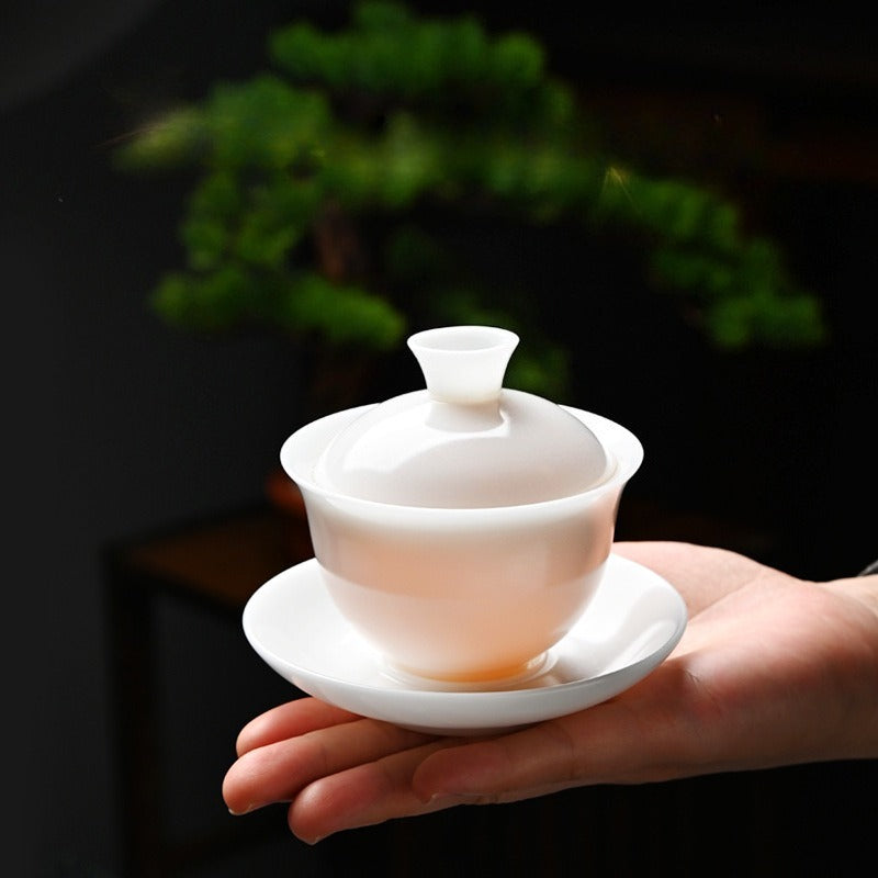 Ice Jade White Porcelain Unglazed Thin Walled Sancai Gaiwan [Ingot] 120/150/230ml