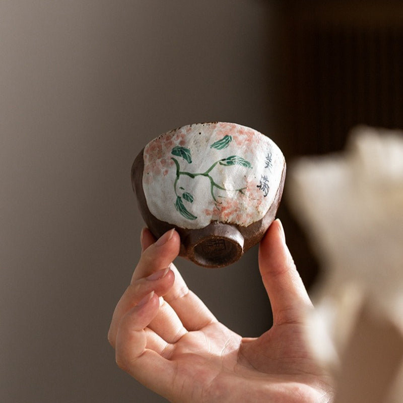 Juego de tazas de té Gaiwan de cerámica floral, pintadas a mano y horneadas a leña [Felicidad]