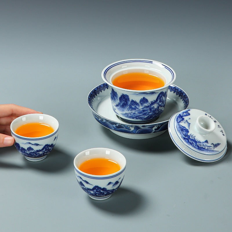 Ancient Celadon Style Ceramic [Qianli Jiangshan] Sancai Gaiwan Set 190ml