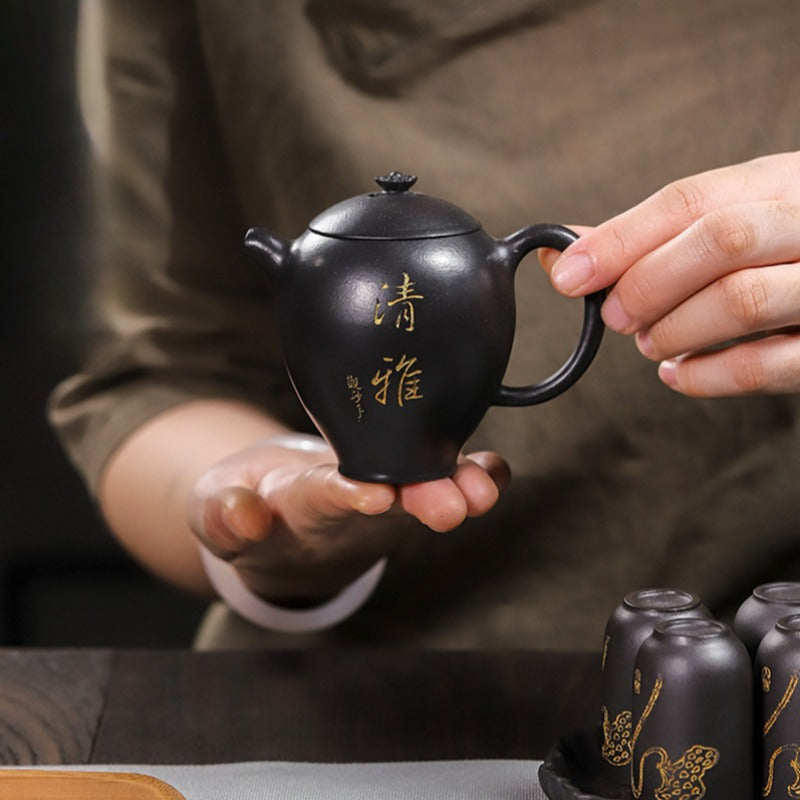 Full Handmade Yixing Zisha Teapot [Wen Xiang] 1 Pot 4 Cups with Tea Tray Set (Shi Huang - 150ml) - YIQIN TEA HOUSE | yiqinteahouse.com | <200ml, full handmade zisha teapot, teapot, teaware, teaware set