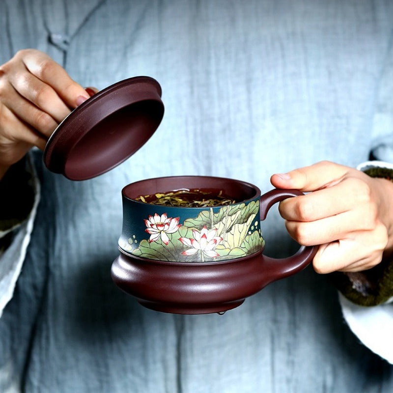 宜兴紫砂手工 [荷风] 盖杯 (绿泥/紫泥 - 420ml)