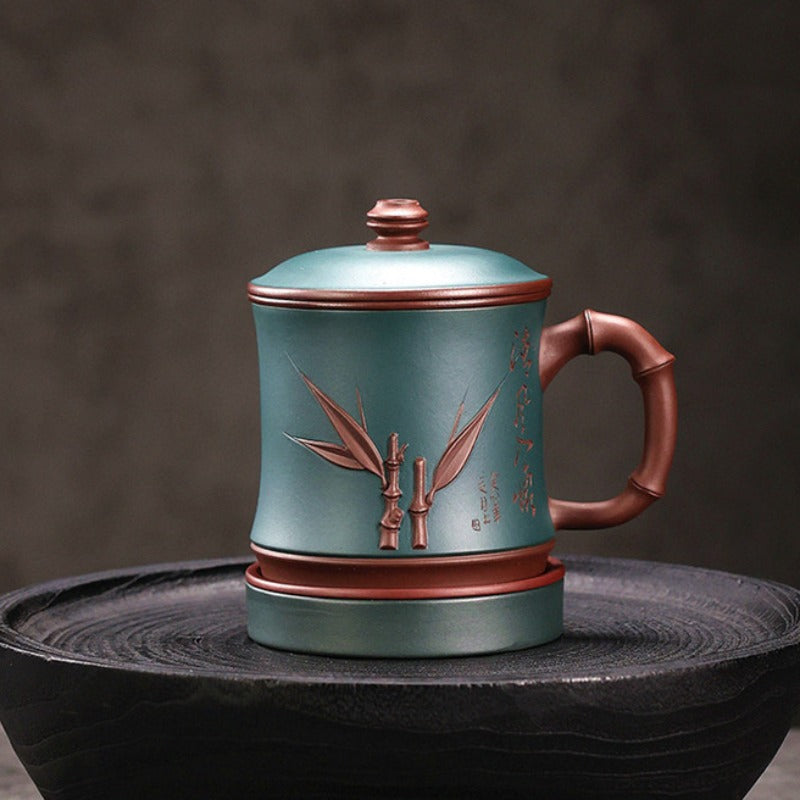 Yixing Zisha Tea Mug with Filter [Bamboo Breeze] | 宜兴紫砂原矿绿泥/紫泥 手工刻绘 [清风竹节] (带茶滤/茶水分离) 盖杯