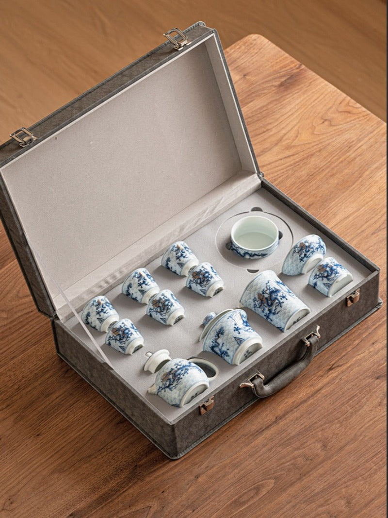 Gold- und Silbereinlage [Qinghua Blauer Drache] Gaiwan-Teekannen-Set
