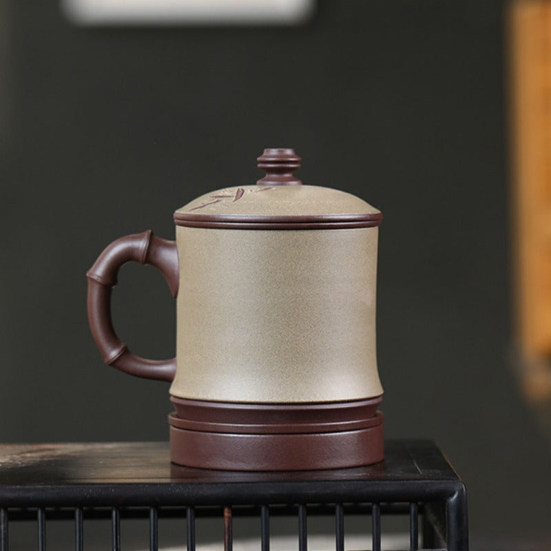 Handmade Yixing Zisha Tea Mug with Filter [Zui Chunfeng Zhu Jie] | 手工宜兴紫砂  手工刻绘 [醉春风竹节] (带茶滤/茶水分离) 盖杯