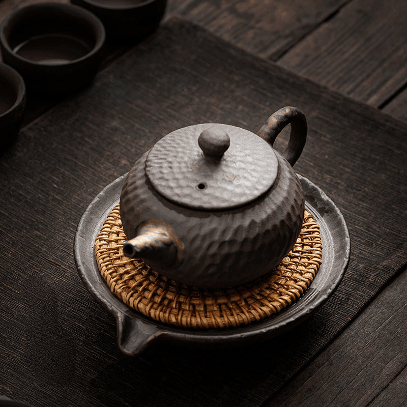 Retro Burn Coarse Pottery Storage Tea Tray (with Rattan Mat)