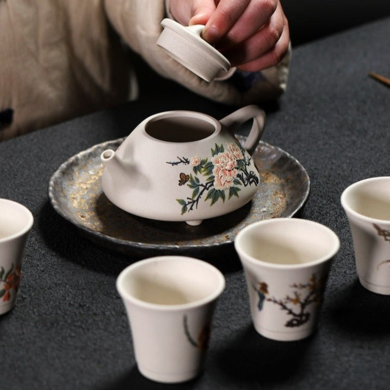 Full Handmade Yixing Zisha Teapot [Flowers Collection] 1 Pot 4 Cups Set (Bei Duan Ni - 245ml)