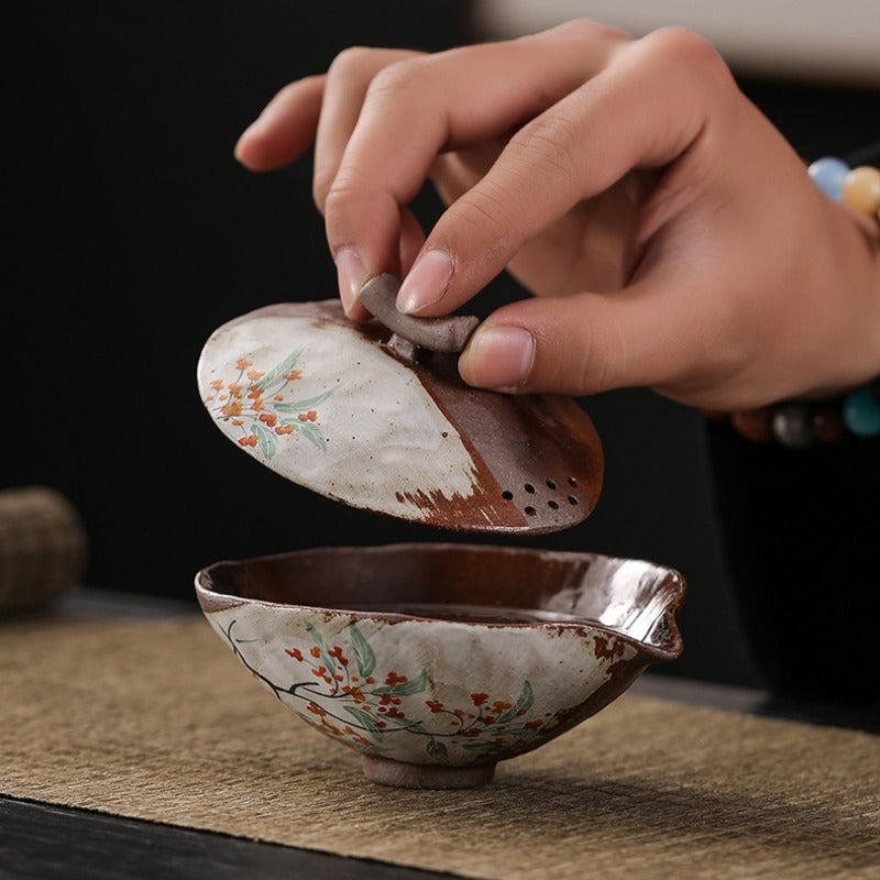 Firewood Fired Hand-painted Floral Ceramic Gaiwan / Fair Cup / Tea Cup - YIQIN TEA HOUSE | yiqinteahouse.com | ceramic teapot, fair cup, gaiwan, tea cup, teapot, teaware