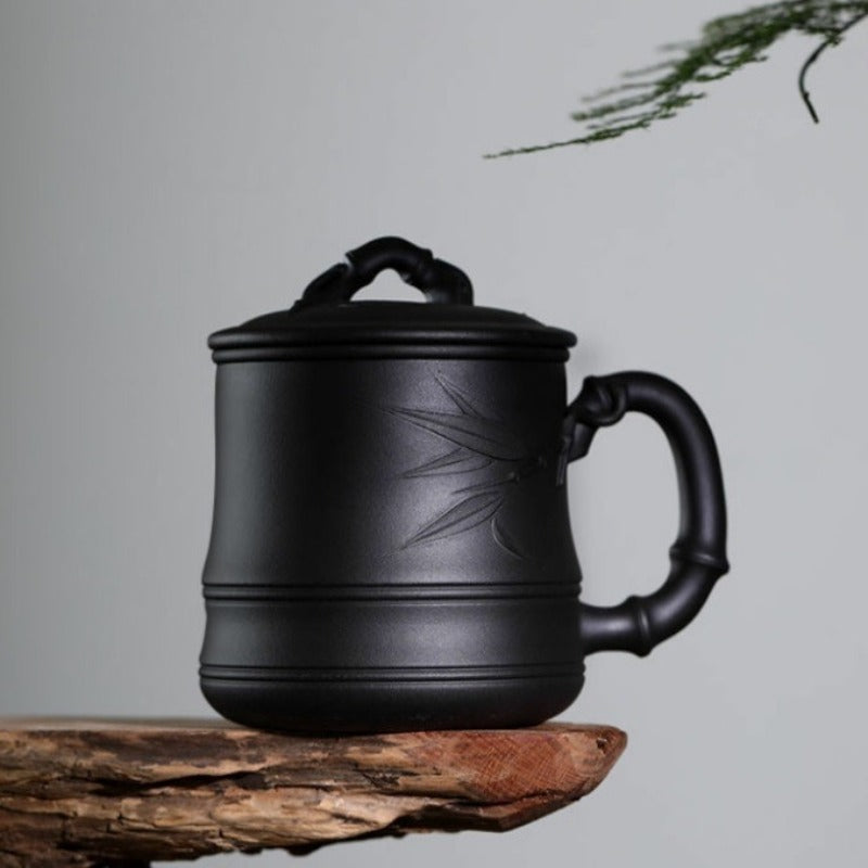 Yixing Zisha Tea Mug with Infuser [Bamboo] 5pcs Set (Hei Ni - 480ml)