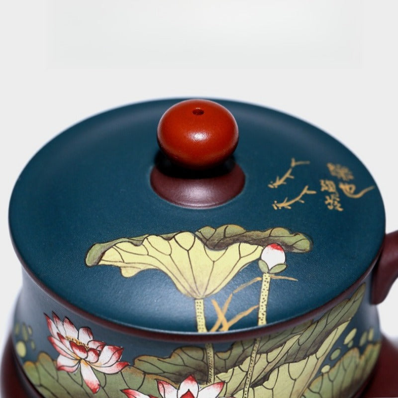 宜兴紫砂手工 [荷风] 盖杯 (绿泥/紫泥 - 420ml)