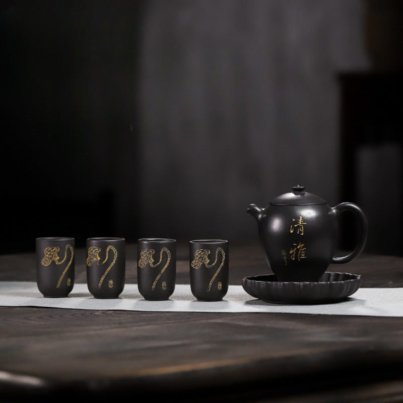 Full Handmade Yixing Zisha Teapot [Wen Xiang] 1 Pot 4 Cups with Tea Tray Set (Shi Huang - 150ml) - YIQIN TEA HOUSE | yiqinteahouse.com | <200ml, full handmade zisha teapot, teapot, teaware, teaware set