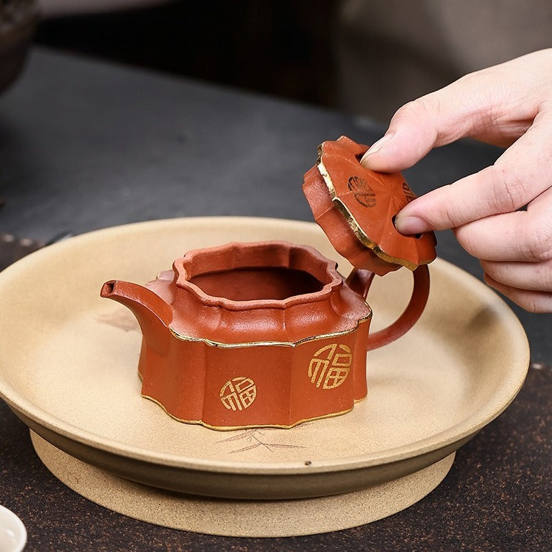 Théière Yixing Zisha entièrement faite à la main [Jin Ling Fu Wen] (Zhu Sha Zhu Ni - 150 ml)