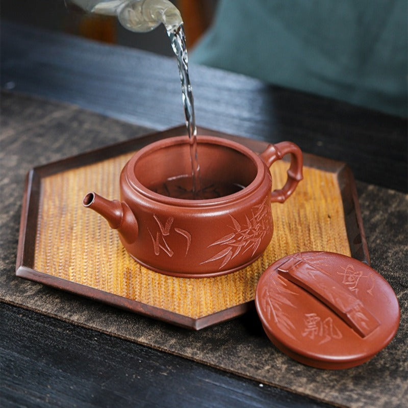 全手工宜兴紫砂茶壶 [竹海飘香汉瓦] (红皮龙 - 320ml)