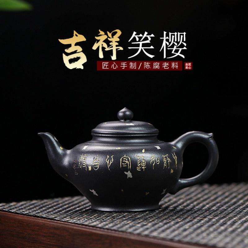 Full Handmade Yixing Zisha Teapot [Jixiang Xiao Ying 吉祥笑樱] (Hei Luolan - 120ml)