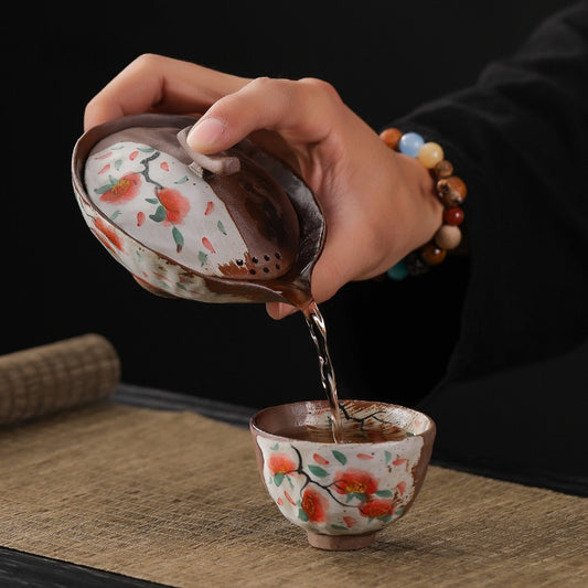 Firewood Fired Hand-painted Floral Ceramic Gaiwan / Fair Cup / Tea Cup - YIQIN TEA HOUSE | yiqinteahouse.com | ceramic teapot, fair cup, gaiwan, tea cup, teapot, teaware