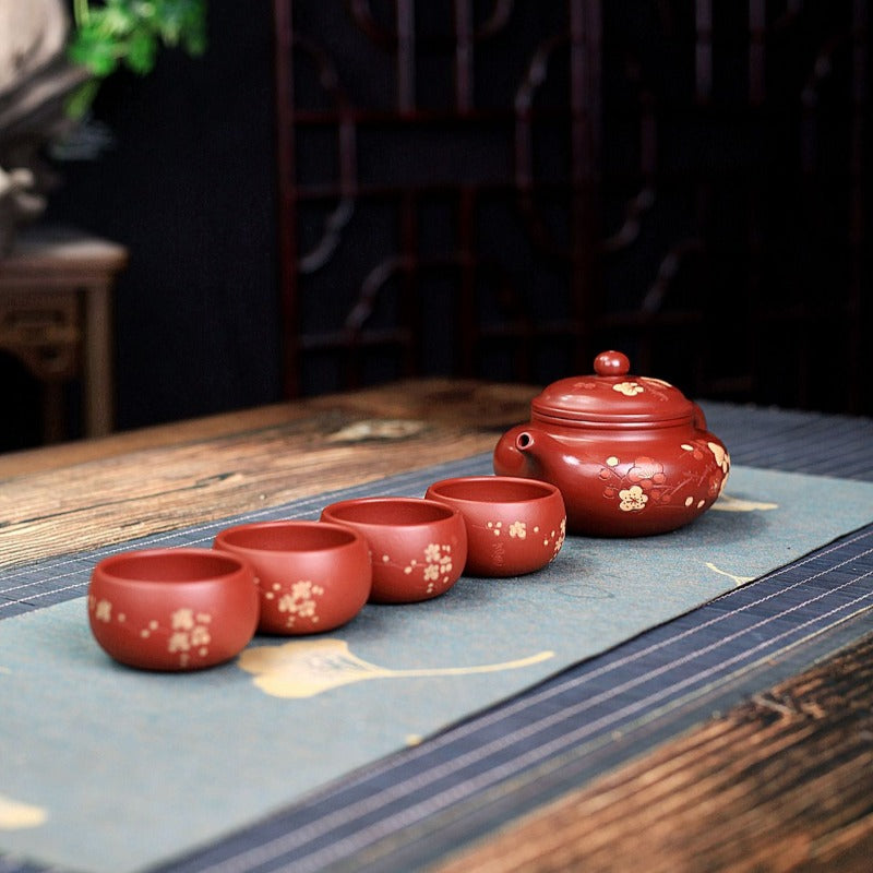 Yixing Zisha Teapot Set [Plum Blossom Fanggu] (Dahongpao - 270ml) - YIQIN TEA HOUSE | yiqinteahouse.com | 200-300ml, teapot, teaware, teaware set