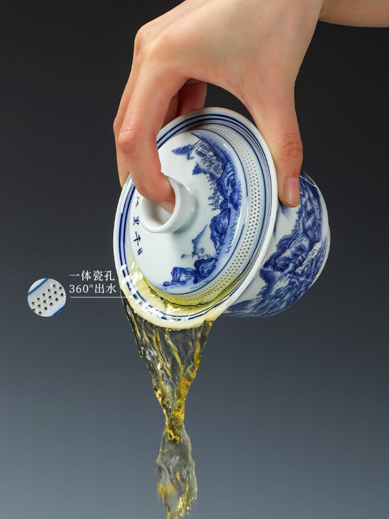 Ancient Celadon Style Ceramic [Qianli Jiangshan] Sancai Gaiwan Set 190ml