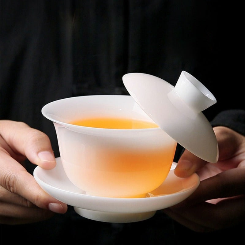 Ice Jade White Porcelain Glazed Thin Walled Sancai Gaiwan [Ingot] 120/150/200ml