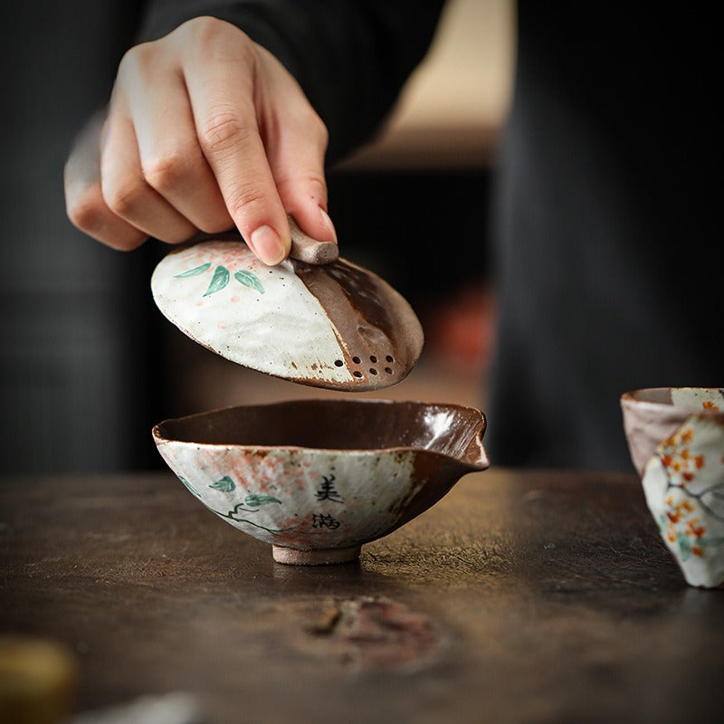 Firewood Fired Hand-painted Floral Ceramic Gaiwan / Tea Cup Set [Happiness] - YIQIN TEA HOUSE | yiqinteahouse.com | ceramic teapot, gaiwan, tea cup, teaware, teaware set