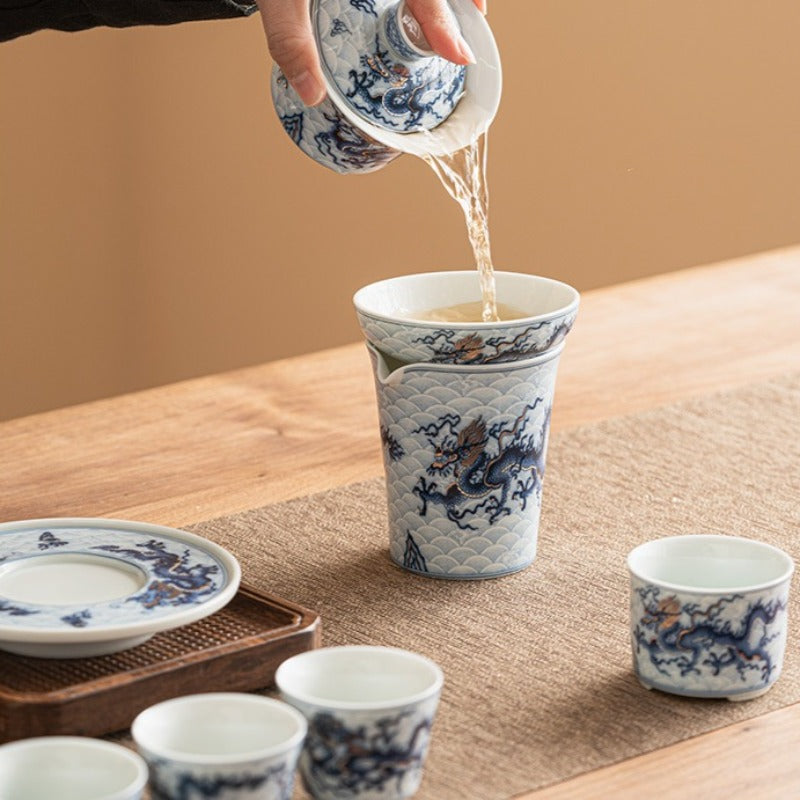 Gold- und Silbereinlage [Qinghua Blauer Drache] Gaiwan-Teekannen-Set
