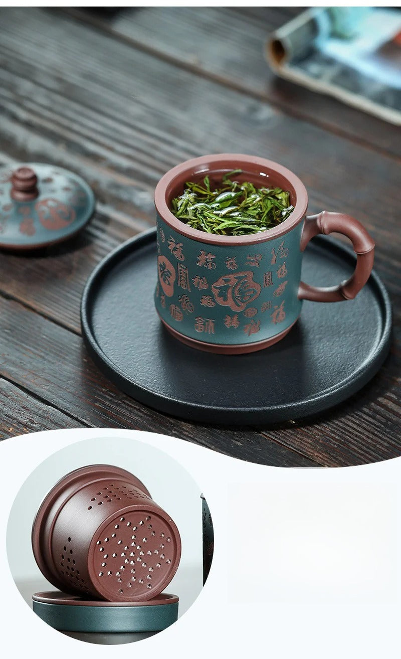 Yixing Zisha Tea Mug with Filter [Hundred Blessings] (Lu Ni / Zi Ni - 460ml)