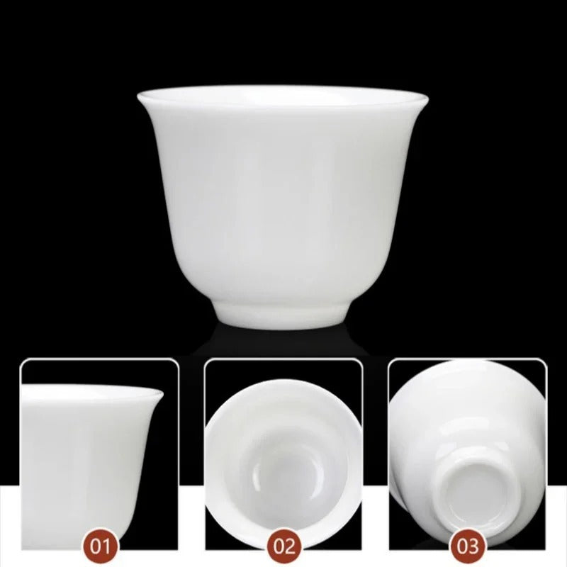A white ceramic cup or teacup shown on a black background, with three inset detail views at the bottom labeled 01, 02, and 03 showing the rim, interior, and base.

