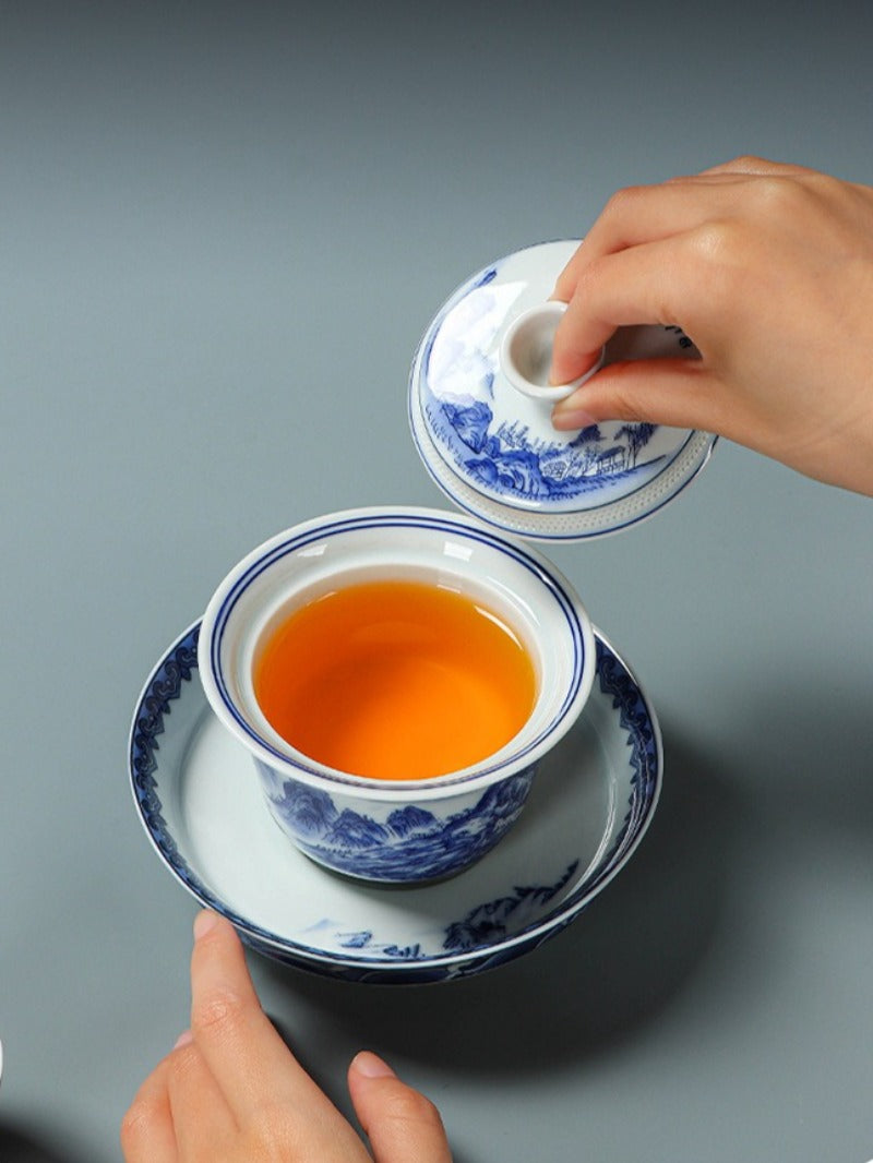 Ancient Celadon Style Ceramic [Qianli Jiangshan] Sancai Gaiwan Set 190ml