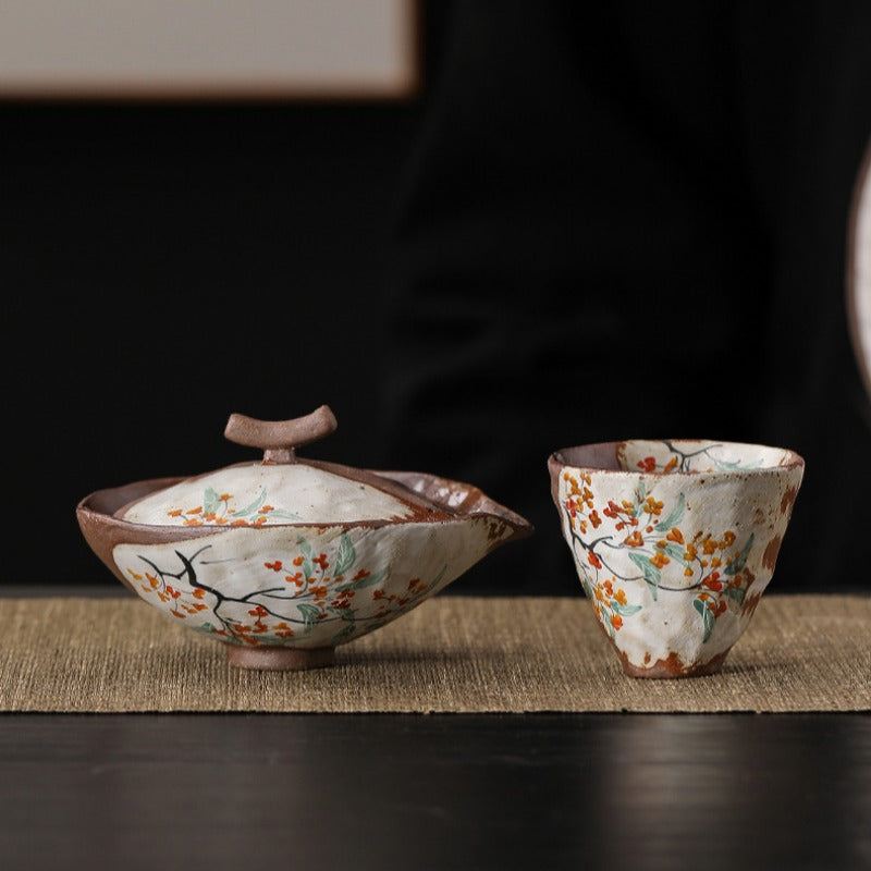 Firewood Fired Hand-painted Floral Ceramic Gaiwan / Fair Cup / Tea Cup - YIQIN TEA HOUSE | yiqinteahouse.com | ceramic teapot, fair cup, gaiwan, tea cup, teapot, teaware