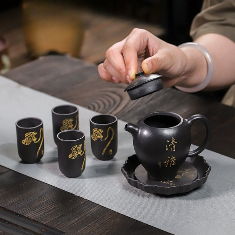 Full Handmade Yixing Zisha Teapot [Wen Xiang] 1 Pot 4 Cups with Tea Tray Set (Shi Huang - 150ml) - YIQIN TEA HOUSE | yiqinteahouse.com | <200ml, full handmade zisha teapot, teapot, teaware, teaware set