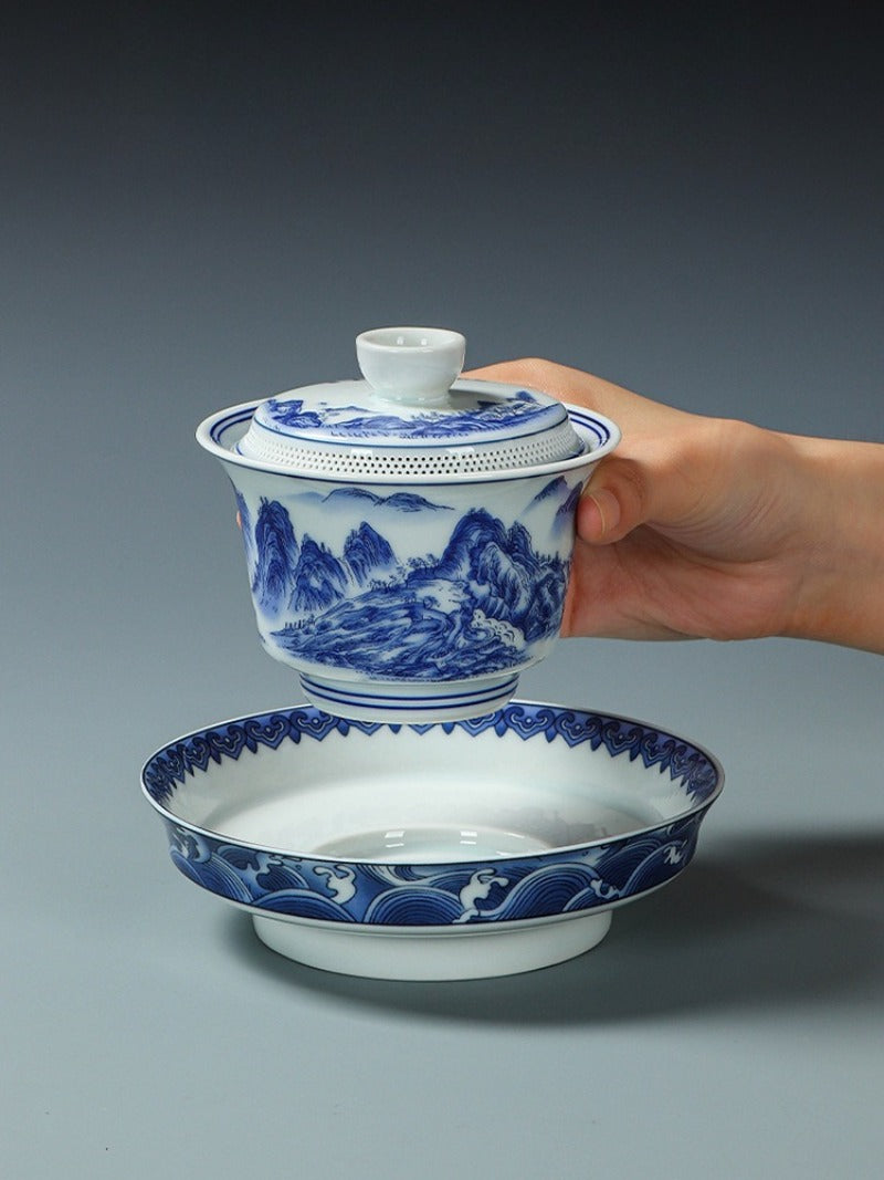 Ancient Celadon Style Ceramic [Qianli Jiangshan] Sancai Gaiwan Set 190ml