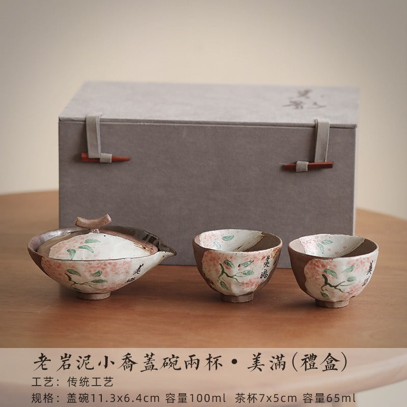 Firewood Fired Hand-painted Floral Ceramic Gaiwan / Tea Cup Set [Happiness] - YIQIN TEA HOUSE | yiqinteahouse.com | ceramic teapot, gaiwan, tea cup, teaware, teaware set