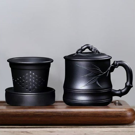 Yixing Zisha Tea Mug with Infuser [Bamboo] 5pcs Set (Hei Ni - 480ml)