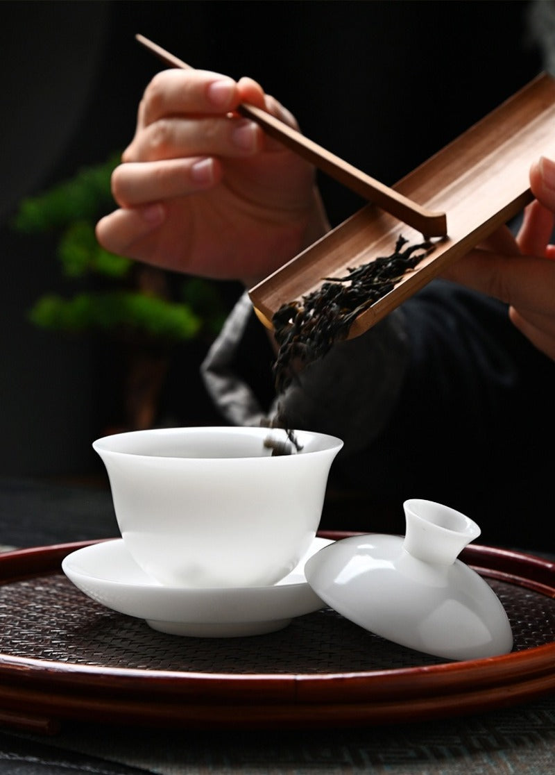 Ice Jade White Porcelain Unglazed Thin Walled Sancai Gaiwan [Ingot] 120/150/230ml