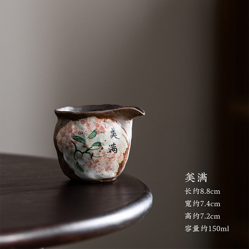 Juego de tazas de té Gaiwan de cerámica floral, pintadas a mano y horneadas a leña [Felicidad]