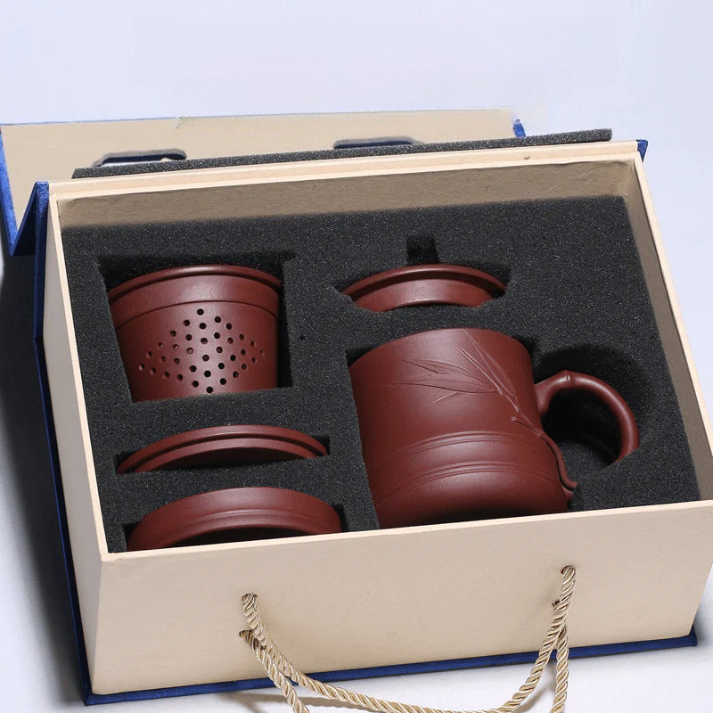 Yixing Zisha Tea Mug with Filter [Bamboo] 5pcs Set (Zi Ni - 450ml)