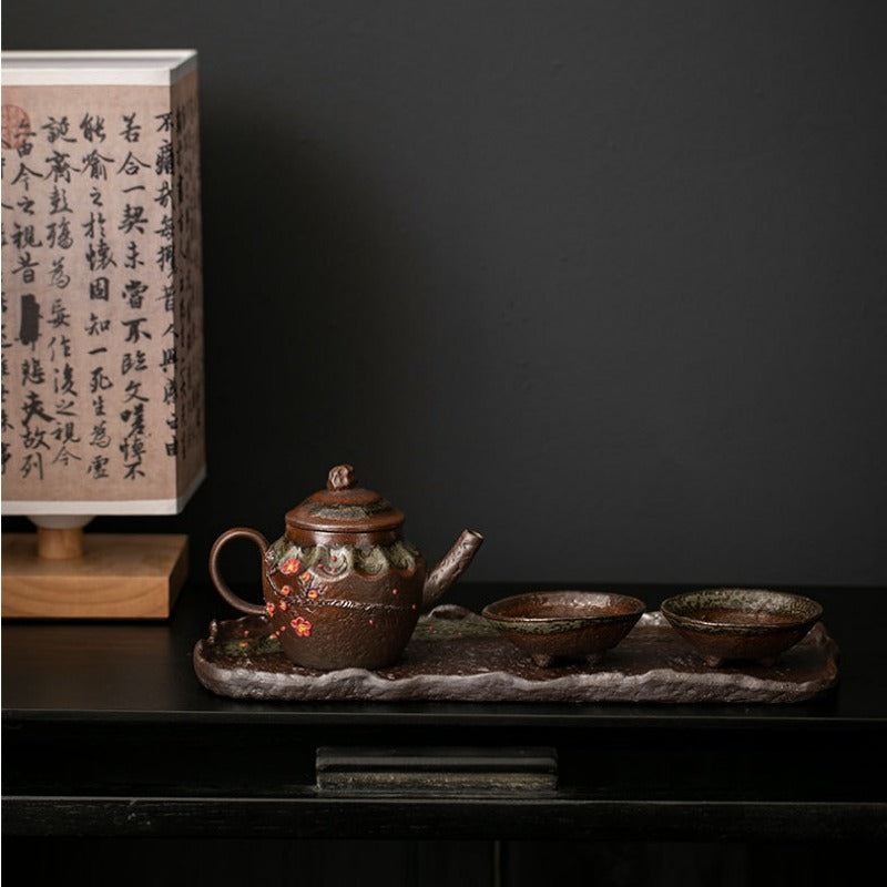 复古粗陶陶瓷 [浮雕梅花] 干泡盘 茶盘