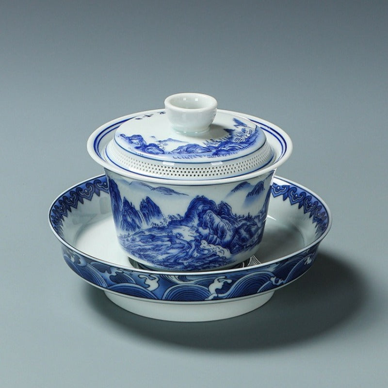 Ancient Celadon Style Ceramic [Qianli Jiangshan] Sancai Gaiwan Set 190ml