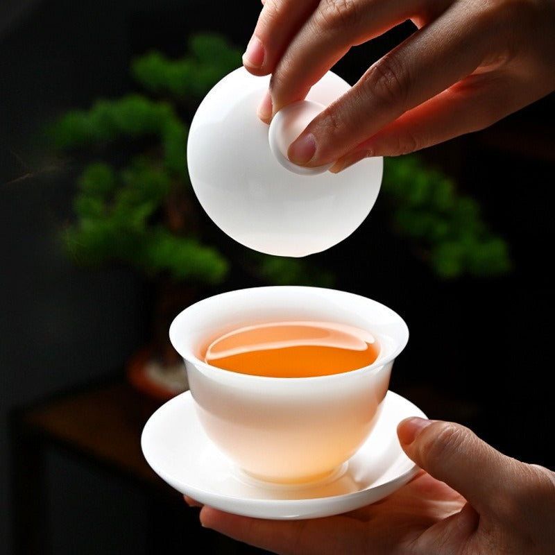Ice Jade White Porcelain Unglazed Thin Walled Sancai Gaiwan [Ingot] 120/150/230ml