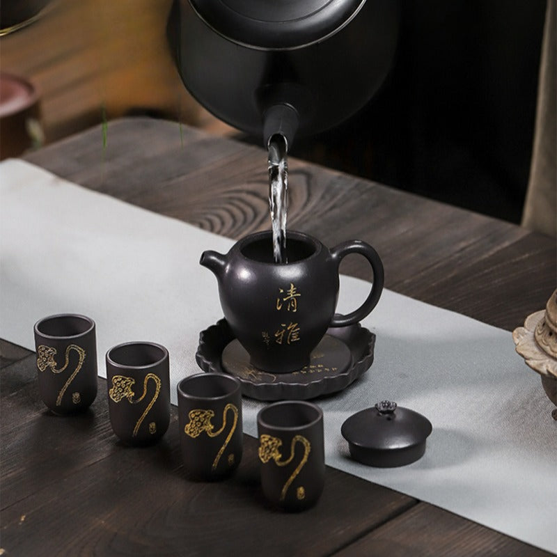 Full Handmade Yixing Zisha Teapot [Wen Xiang] 1 Pot 4 Cups with Tea Tray Set (Shi Huang - 150ml) - YIQIN TEA HOUSE | yiqinteahouse.com | <200ml, full handmade zisha teapot, teapot, teaware, teaware set