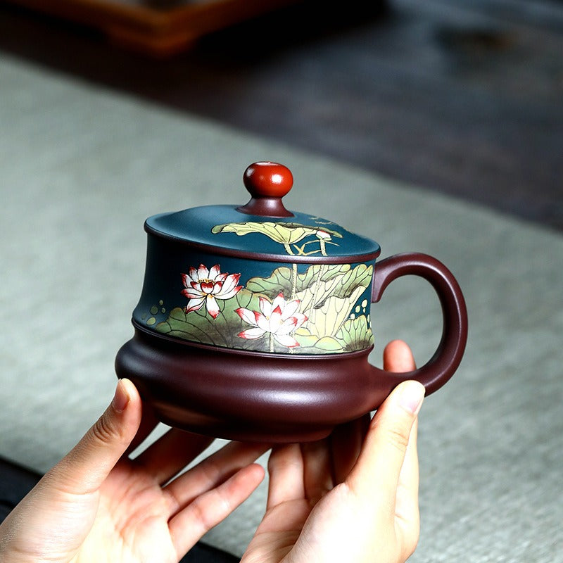 宜兴紫砂手工 [荷风] 盖杯 (绿泥/紫泥 - 420ml)