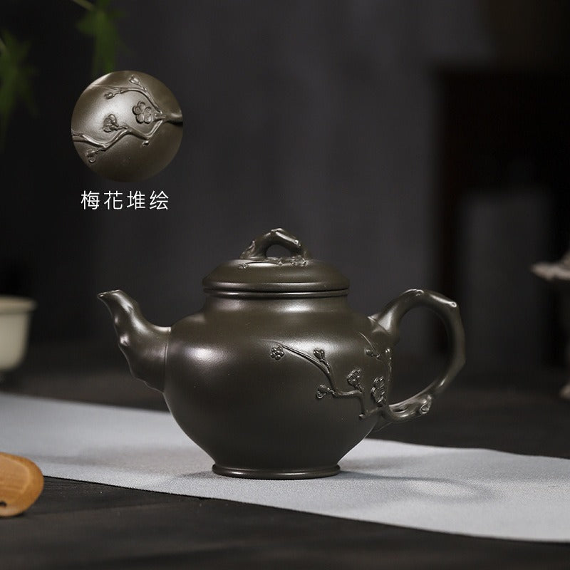 全手工宜兴紫砂茶壶套组 [梅报春] (翡翠青紫泥 - 320ml)