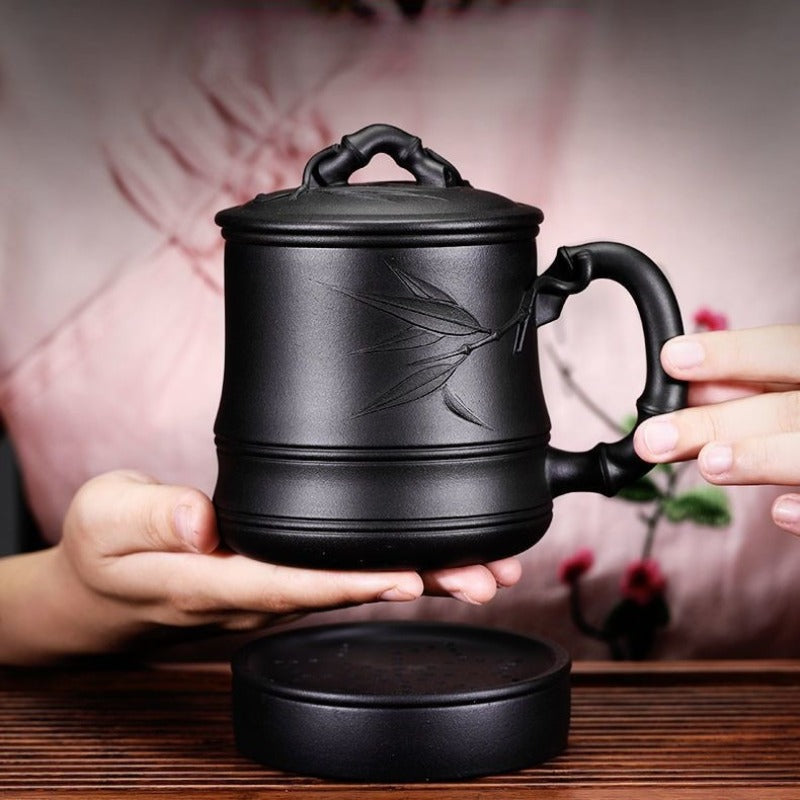 Yixing Zisha Tea Mug with Infuser [Bamboo] 5pcs Set (Hei Ni - 480ml)