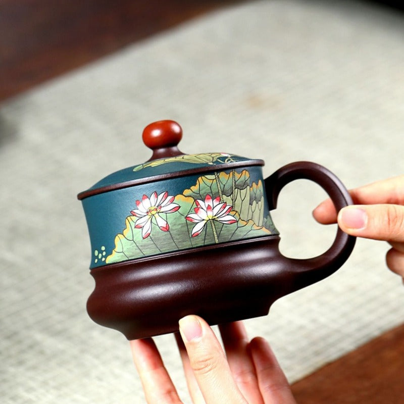 宜兴紫砂手工 [荷风] 盖杯 (绿泥/紫泥 - 420ml)