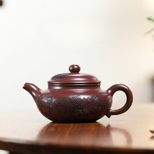 Yixing Zisha Teapot [Eight Horses Fanggu] (Zi Zhu Ni - 250ml) - YIQIN TEA HOUSE | yiqinteahouse.com | 200-300ml, teapot, teaware, zisha teapot