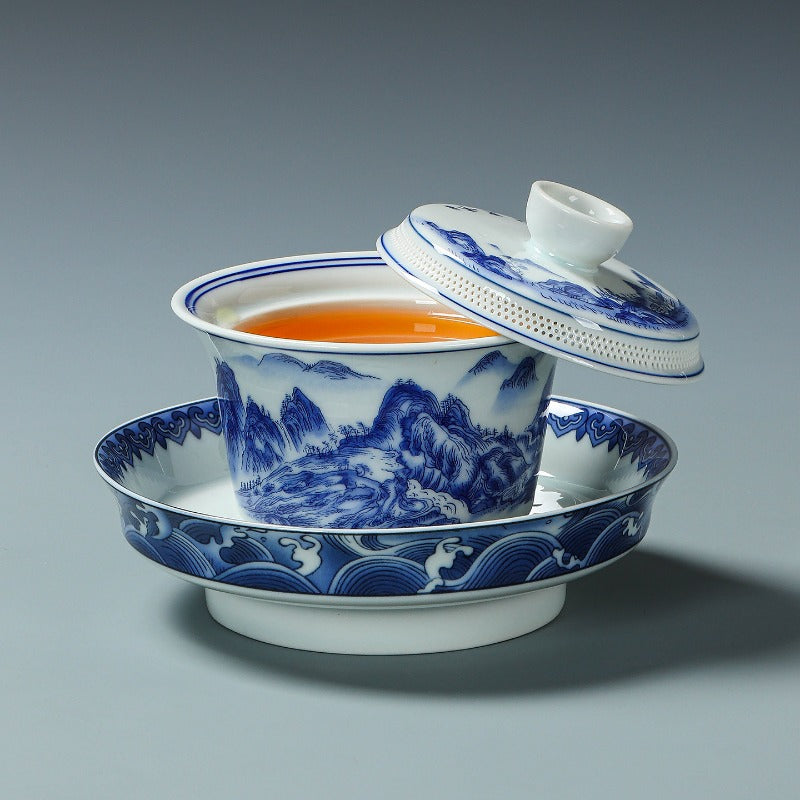 Ancient Celadon Style Ceramic [Qianli Jiangshan] Sancai Gaiwan Set 190ml