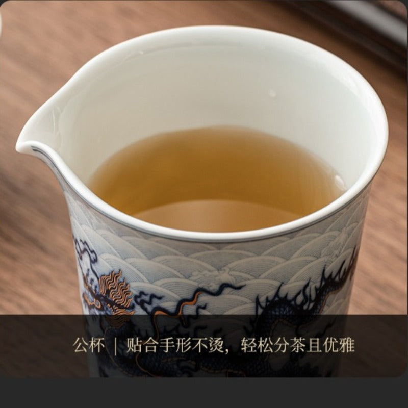 Gold- und Silbereinlage [Qinghua Blauer Drache] Gaiwan-Teekannen-Set